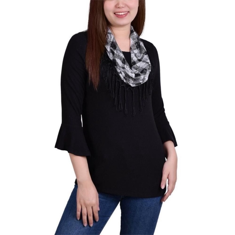 NY COLLECTION Womens Black Long Bell Sleeve Tie-Front Top Size XL NWT